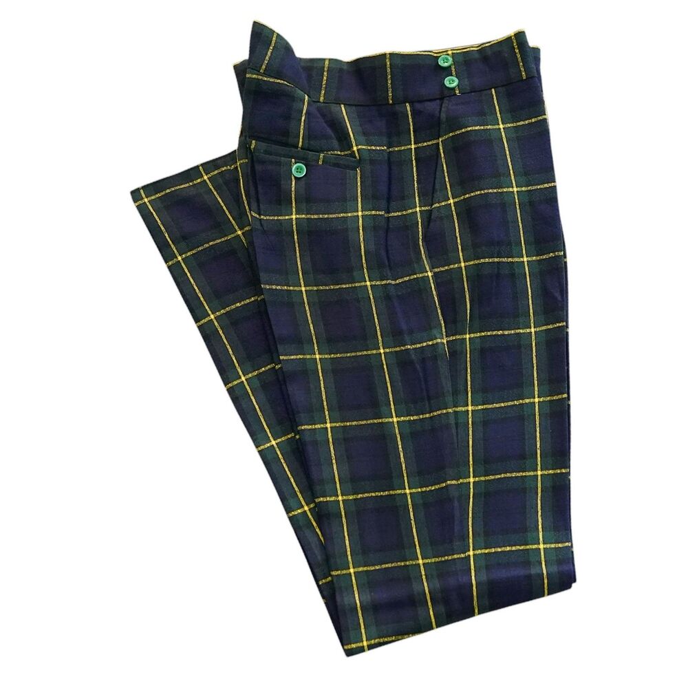 Mens 36 Gurkha Pants Navy Green Windowpane Plaid Flat Front Slim Fit Trousers